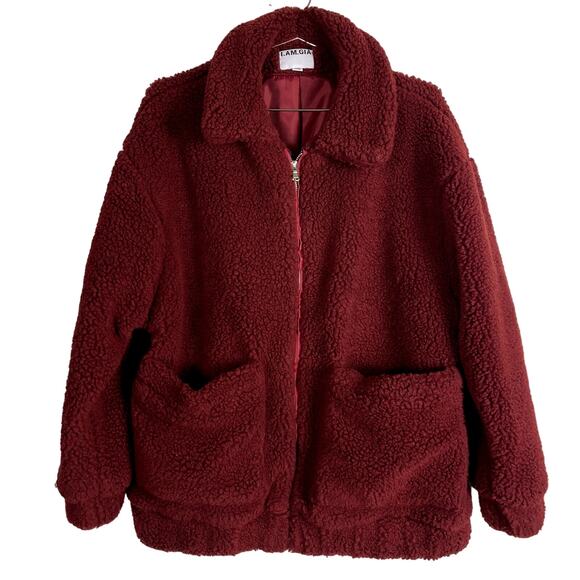 I.AM.GIA Pixie Teddy Jacket Burgundy Red Size XS Full Zip Oversized Revolve - Picture 5 of 14